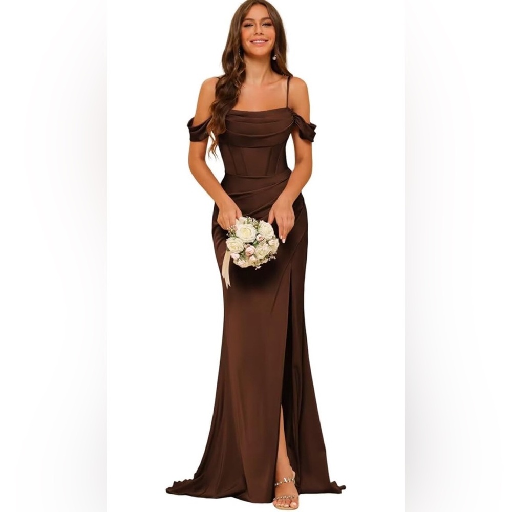 Long Satin Bridesmaid Dress Spaghetti Strap Formal Gowns Mermaid Dress with Slit